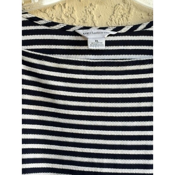 Liz Claiborne Texture Knit Black Off White Striped Women's XL Stretch Blouse - Picture 6 of 10